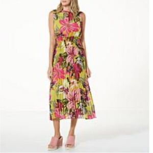 Antthony Floral Pleated Midi Dress - Pink and Green
